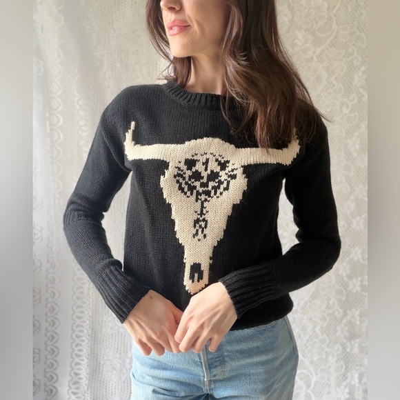 Western Bull Skull Sweater Desert Graphic Knit Pullover - Picture 5 of 16